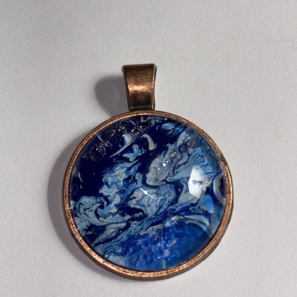 Unique Spectrum Jewelry - Blue Fluid Art Pendant Unique Design Shades Of Blue & White Bronze Toned Bezel